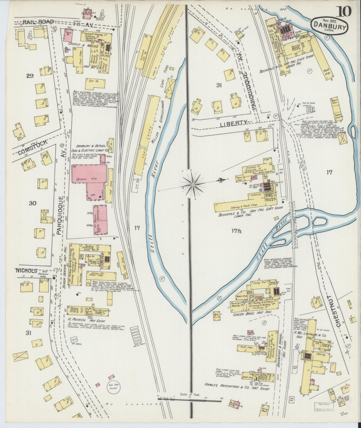 Sanborn Fire Insurance Map from Danbury, Fairfield County, Connecticut (1892), Sheet #0010 - Historic Sanborn Fire Insurance Map Print, vintage old map wall art, antique decor, genealogy gift, Connecticut Connecticut map