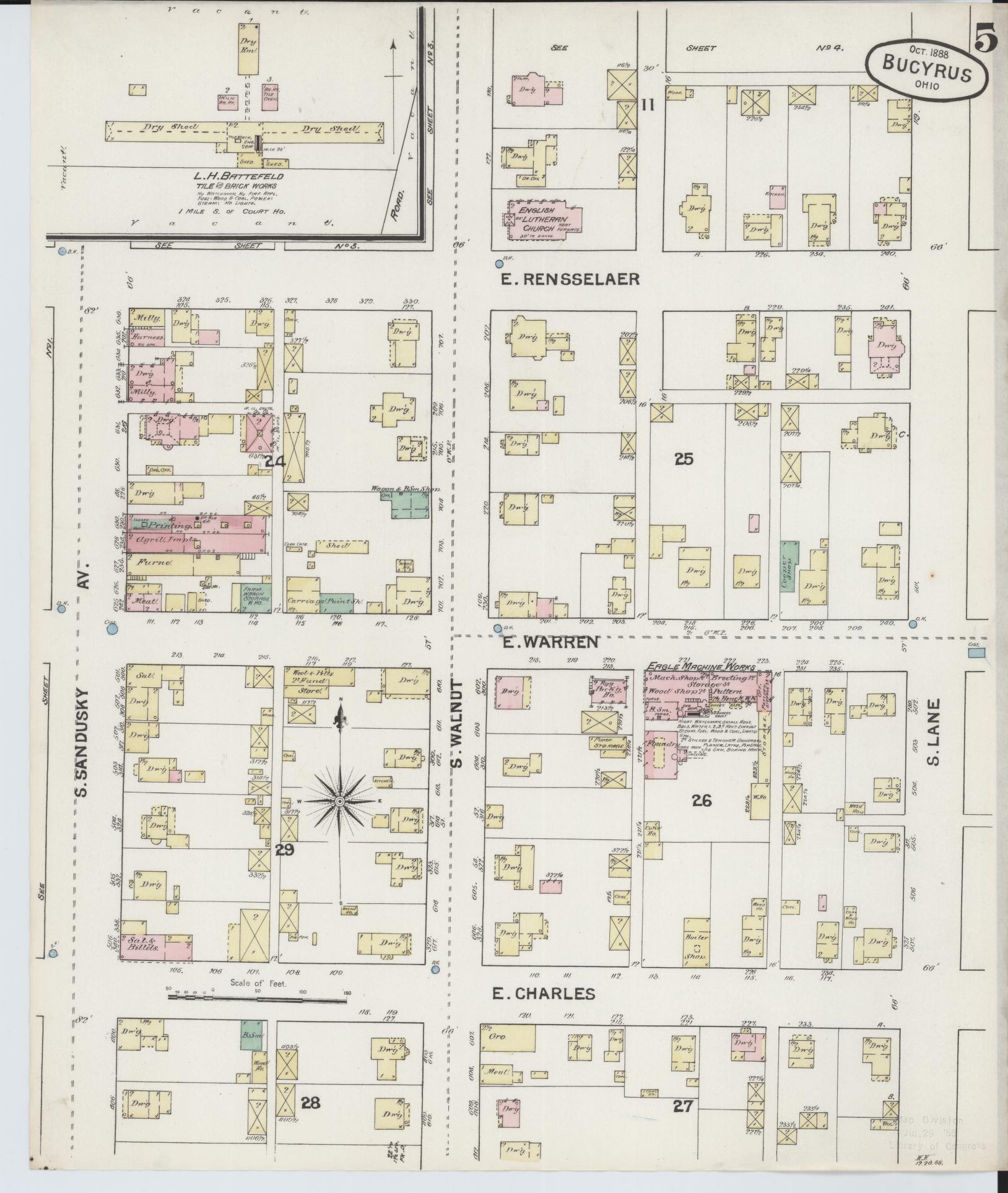 Sanborn Fire Insurance Map from Bucyrus, Crawford County, Ohio (1888), Sheet #0005 - Historic Sanborn Fire Insurance Map Print, vintage old map wall art, antique decor, genealogy gift, Ohio Ohio map