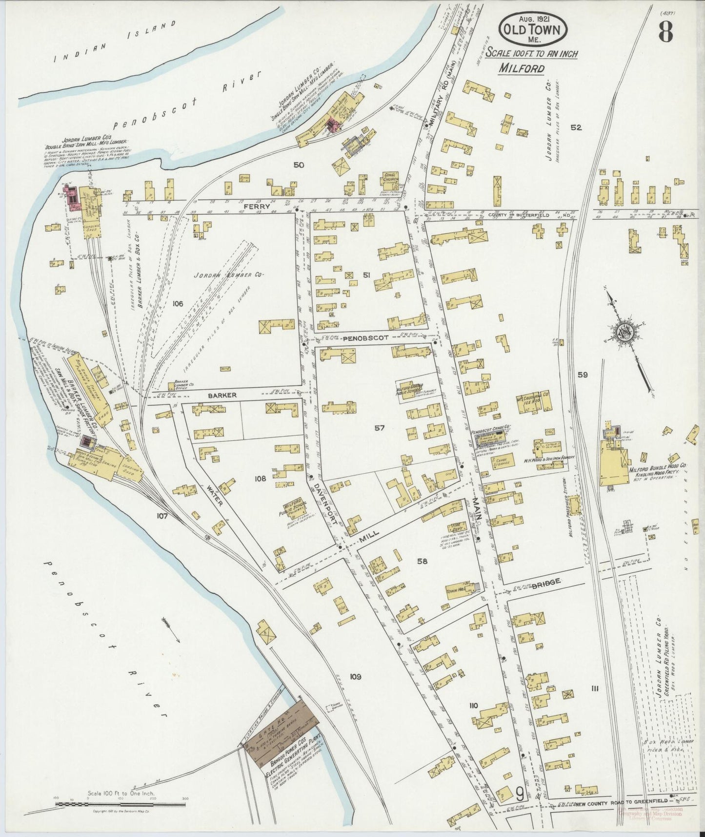Sanborn Fire Insurance Map from Old Town, Penobscot County, Maine (1921), Sheet #0008 - Complete Map Set gallery image, historic Sanborn map, vintage wall art, Maine Maine