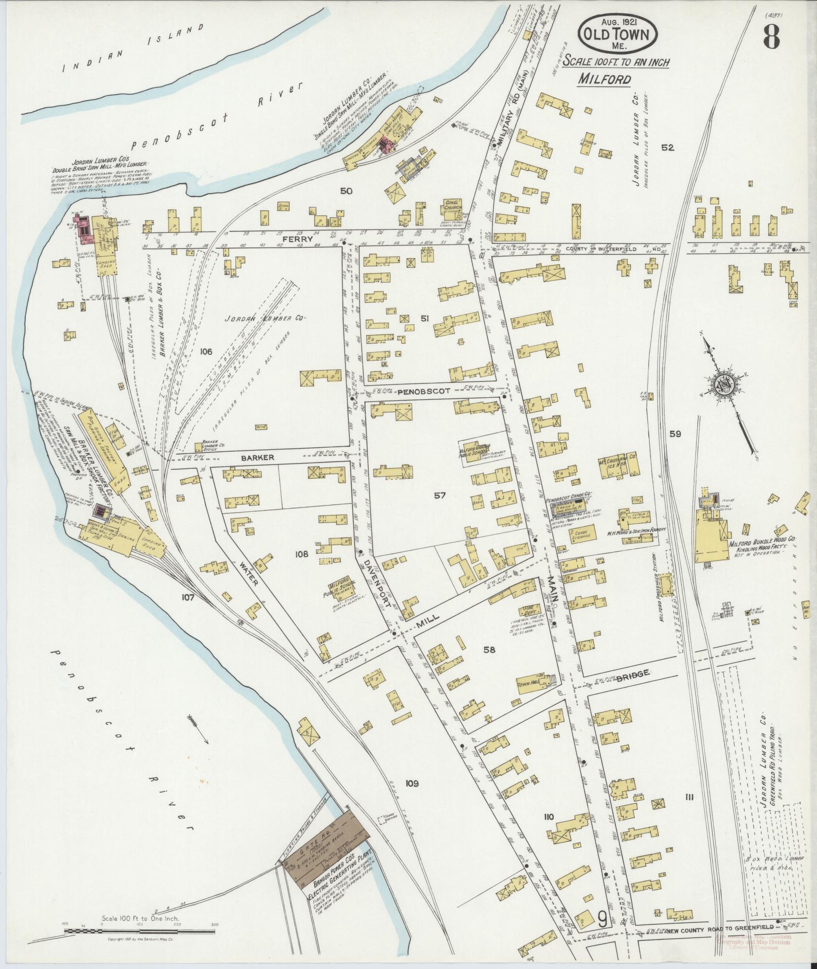 Sanborn Fire Insurance Map from Old Town, Penobscot County, Maine (1921), Sheet #0008 - Complete Map Set gallery image, historic Sanborn map, vintage wall art, Maine Maine