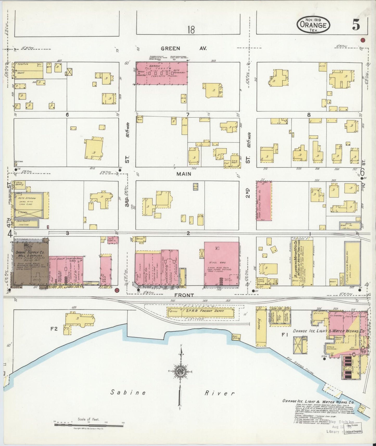 Sanborn Fire Insurance Map from Orange, Orange County, Texas (1919), Sheet #0005 - Historic Sanborn Fire Insurance Map Print, vintage old map wall art, antique decor, genealogy gift, Texas Texas map
