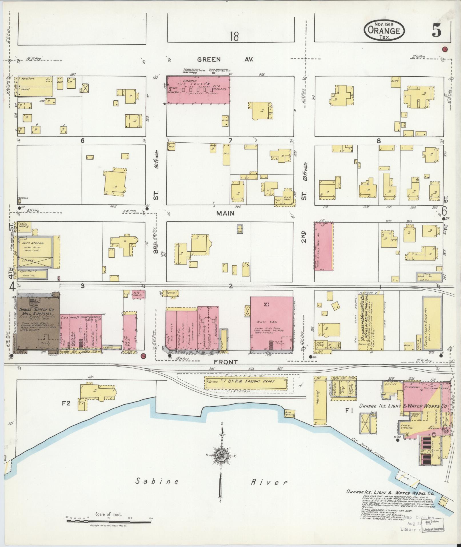 Sanborn Fire Insurance Map from Orange, Orange County, Texas (1919), Sheet #0005 - Historic Sanborn Fire Insurance Map Print, vintage old map wall art, antique decor, genealogy gift, Texas Texas map