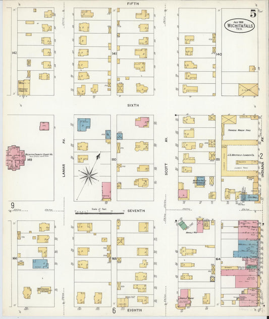 Sanborn Fire Insurance Map from Wichita Falls, Wichita County, Texas (1908), Sheet #0005 - Historic Sanborn Fire Insurance Map Print, vintage old map wall art, antique decor, genealogy gift, Texas Texas map