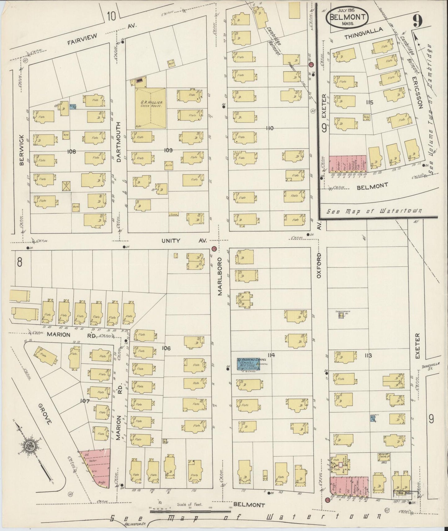 Sanborn Fire Insurance Map from Belmont, Middlesex County, Massachusetts (1915), Sheet #0009 - Historic Sanborn Fire Insurance Map Print, vintage old map wall art, antique decor, genealogy gift, Massachusetts Massachusetts map