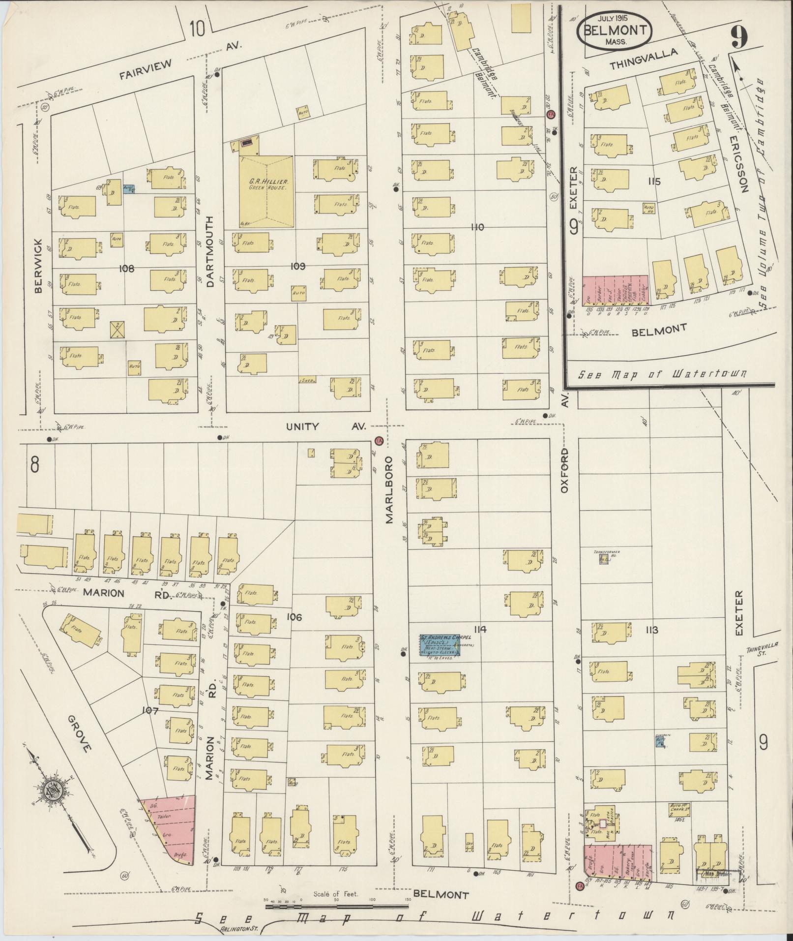 Sanborn Fire Insurance Map from Belmont, Middlesex County, Massachusetts (1915), Sheet #0009 - Historic Sanborn Fire Insurance Map Print, vintage old map wall art, antique decor, genealogy gift, Massachusetts Massachusetts map