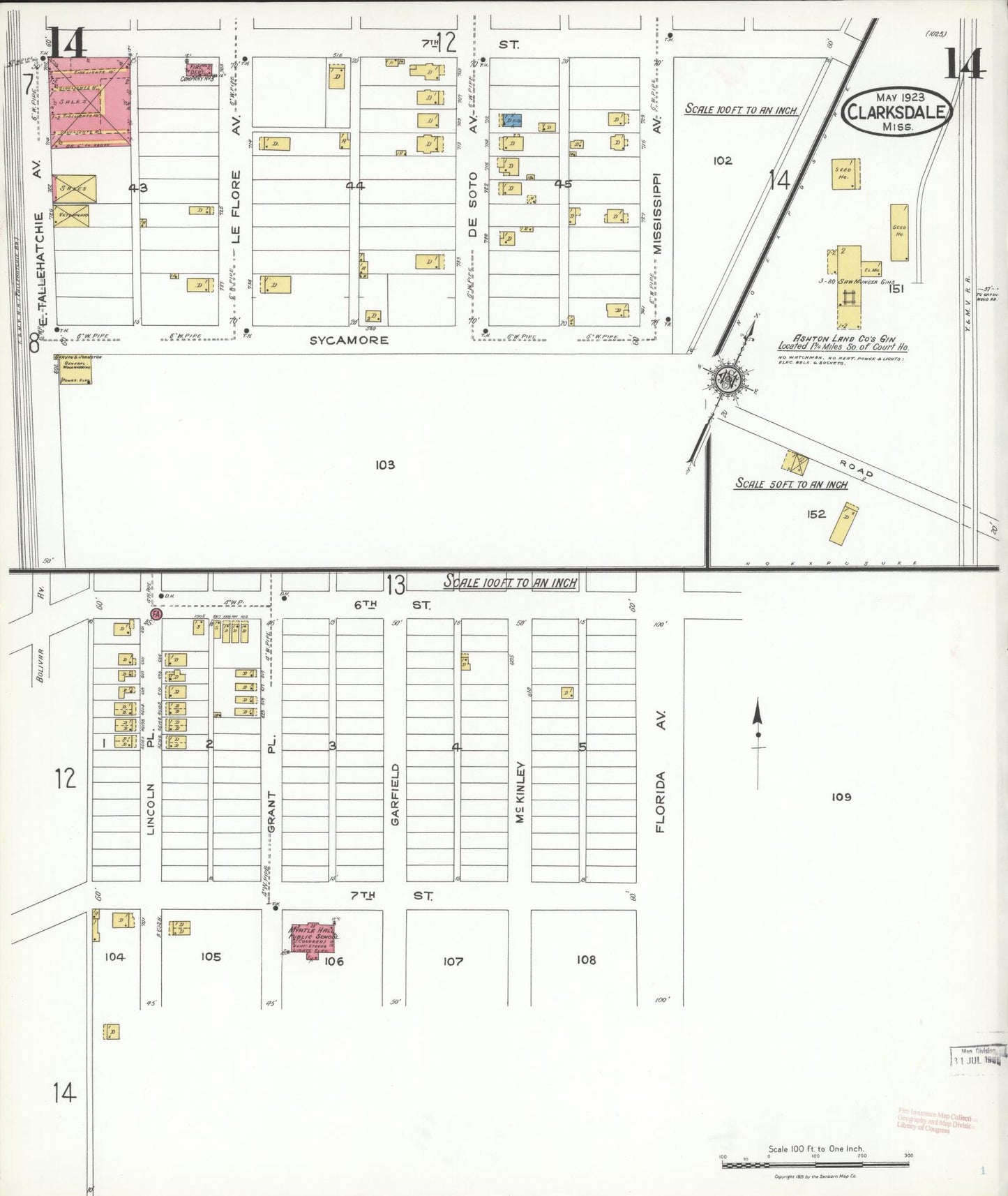 Sanborn Fire Insurance Map from Clarksdale, Coahoma County, Mississippi (1923), Sheet #0014 - Historic Sanborn Fire Insurance Map Print, vintage old map wall art, antique decor, genealogy gift, Mississippi Mississippi map