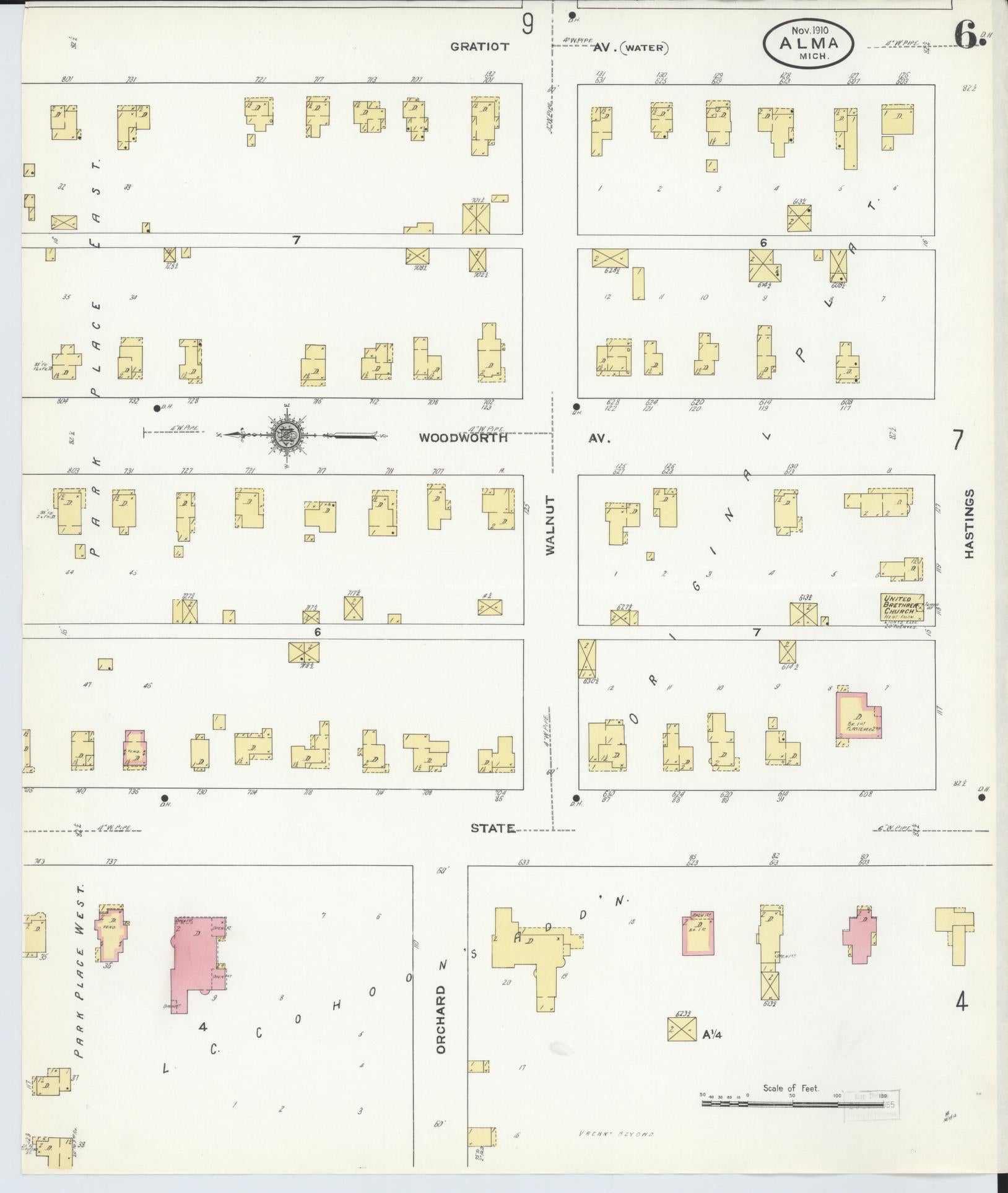 Sanborn Fire Insurance Map from Alma, Gratiot County, Michigan (1910), Sheet #0006 - Complete Map Set gallery image, historic Sanborn map, vintage wall art, Michigan Michigan
