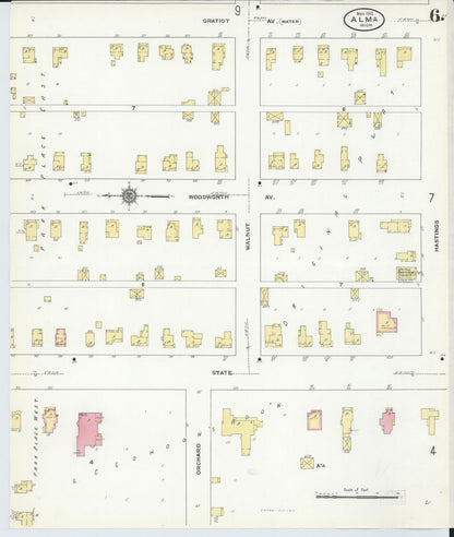 Sanborn Fire Insurance Map from Alma, Gratiot County, Michigan (1910), Sheet #0006 - Complete Map Set gallery image, historic Sanborn map, vintage wall art, Michigan Michigan