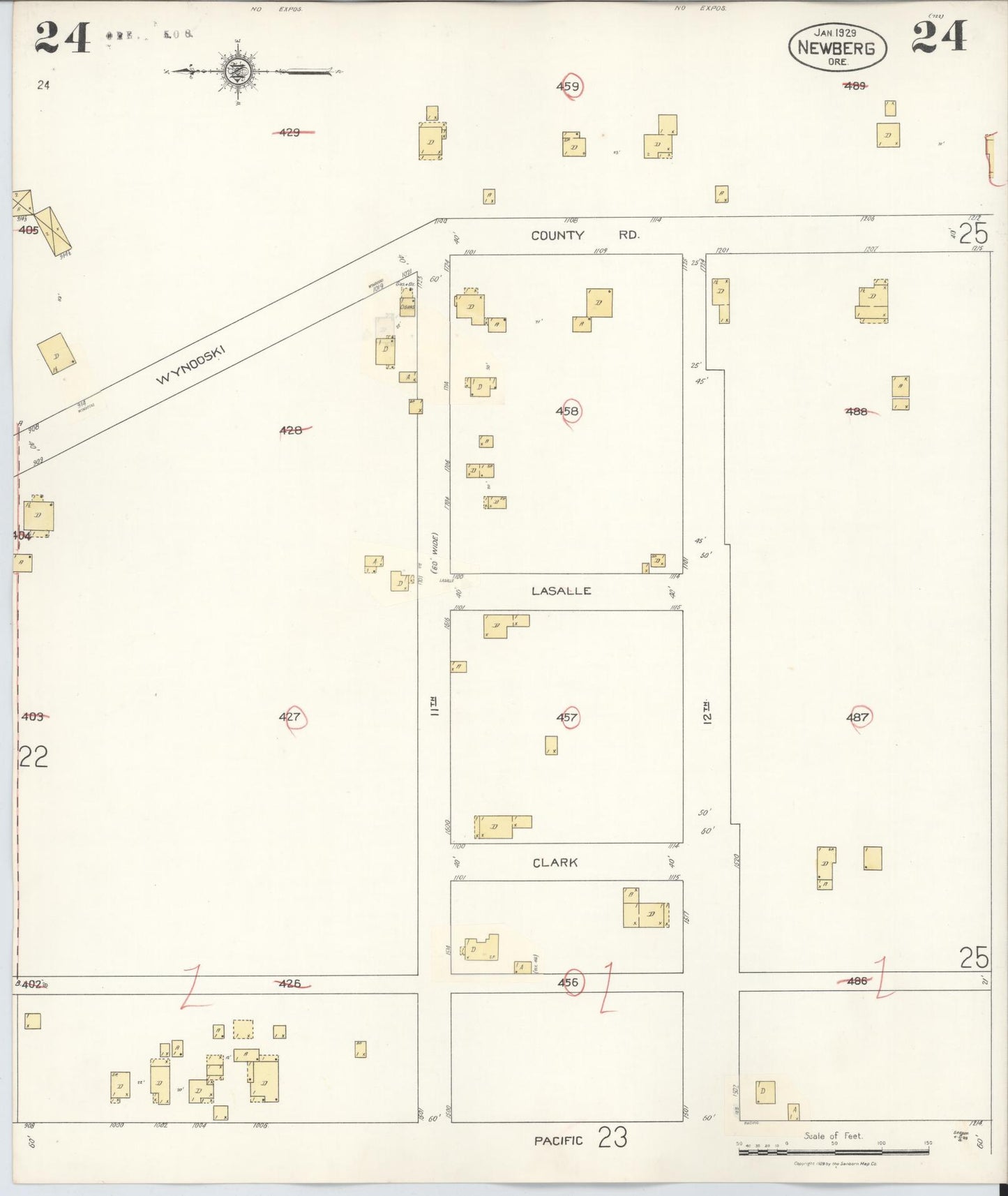 Sanborn Fire Insurance Map from Newberg, Yamhill County, Oregon (1934), Sheet #0024 - Historic Sanborn Fire Insurance Map Print, vintage old map wall art, antique decor, genealogy gift, Oregon Oregon map