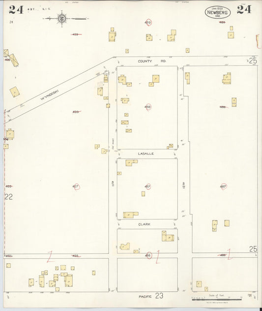 Sanborn Fire Insurance Map from Newberg, Yamhill County, Oregon (1934), Sheet #0024 - Historic Sanborn Fire Insurance Map Print, vintage old map wall art, antique decor, genealogy gift, Oregon Oregon map