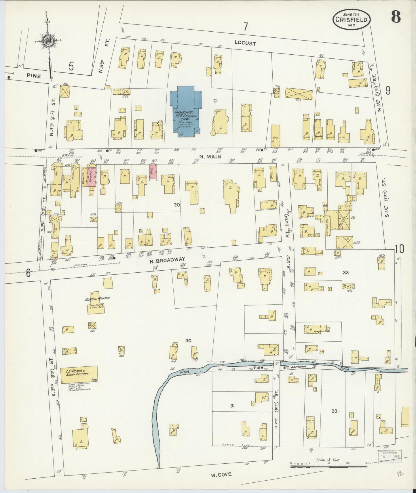 Sanborn Fire Insurance Map from Crisfield, Somerset County, Maryland (1911), Sheet #0008 - Historic Sanborn Fire Insurance Map Print, vintage old map wall art, antique decor, genealogy gift, Maryland Maryland map