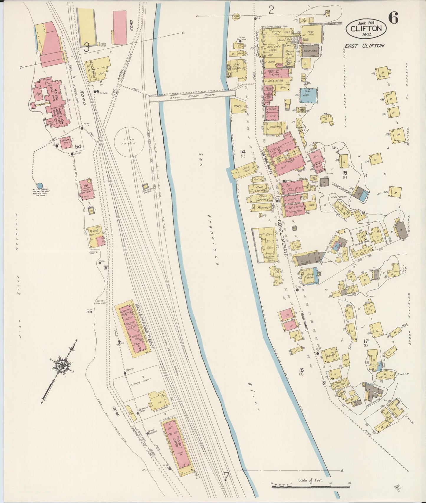 Sanborn Fire Insurance Map from Clifton, Greenlee County, Arizona (1914), Sheet #0006 - Historic Sanborn Fire Insurance Map Print, vintage old map wall art, antique decor, genealogy gift, Arizona Arizona map
