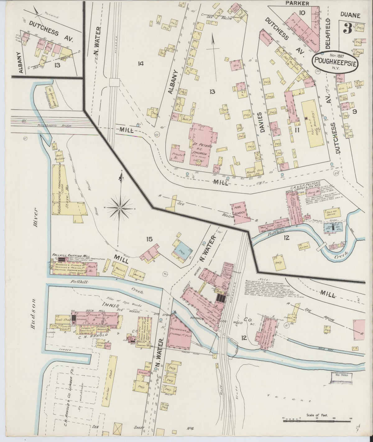Sanborn Fire Insurance Map from Poughkeepsie, Dutchess County, New York (1887), Sheet #0003 - Historic Sanborn Fire Insurance Map Print, vintage old map wall art, antique decor, genealogy gift, New York New York map
