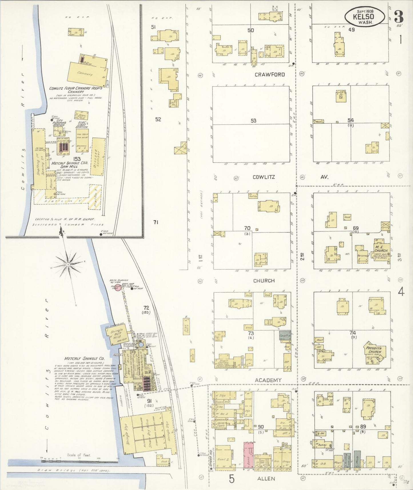 Sanborn Fire Insurance Map from Kelso, Cowlitz County, Washington (1908), Sheet #0003 - Complete Map Set gallery image, historic Sanborn map, vintage wall art, Washington Washington