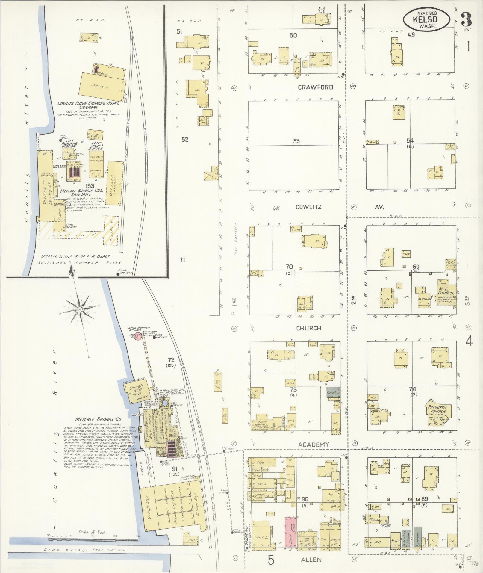 Sanborn Fire Insurance Map from Kelso, Cowlitz County, Washington (1908), Sheet #0003 - Complete Map Set gallery image, historic Sanborn map, vintage wall art, Washington Washington