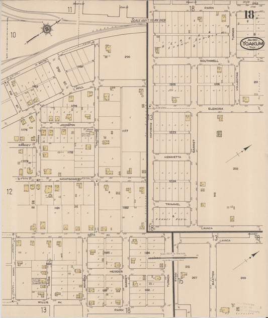 Sanborn Fire Insurance Map from Yoakum, De Witt And Lavaca Counties, Texas (1922), Sheet #0018 - Historic Sanborn Fire Insurance Map Print, vintage old map wall art, antique decor, genealogy gift, Texas Texas map