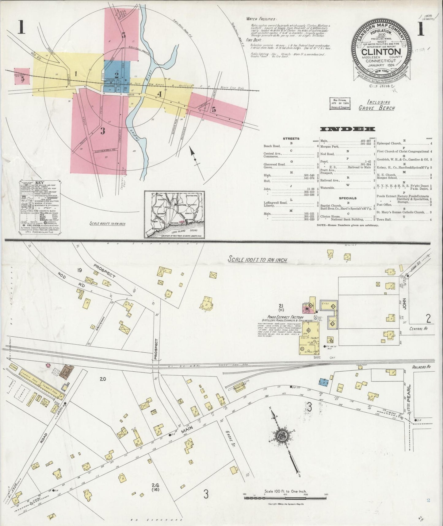 Sanborn Fire Insurance Map from Clinton, Middlesex County, Connecticut (1924), Sheet #0001 - Historic Sanborn Fire Insurance Map Print, vintage old map wall art, antique decor, genealogy gift, Connecticut Connecticut map