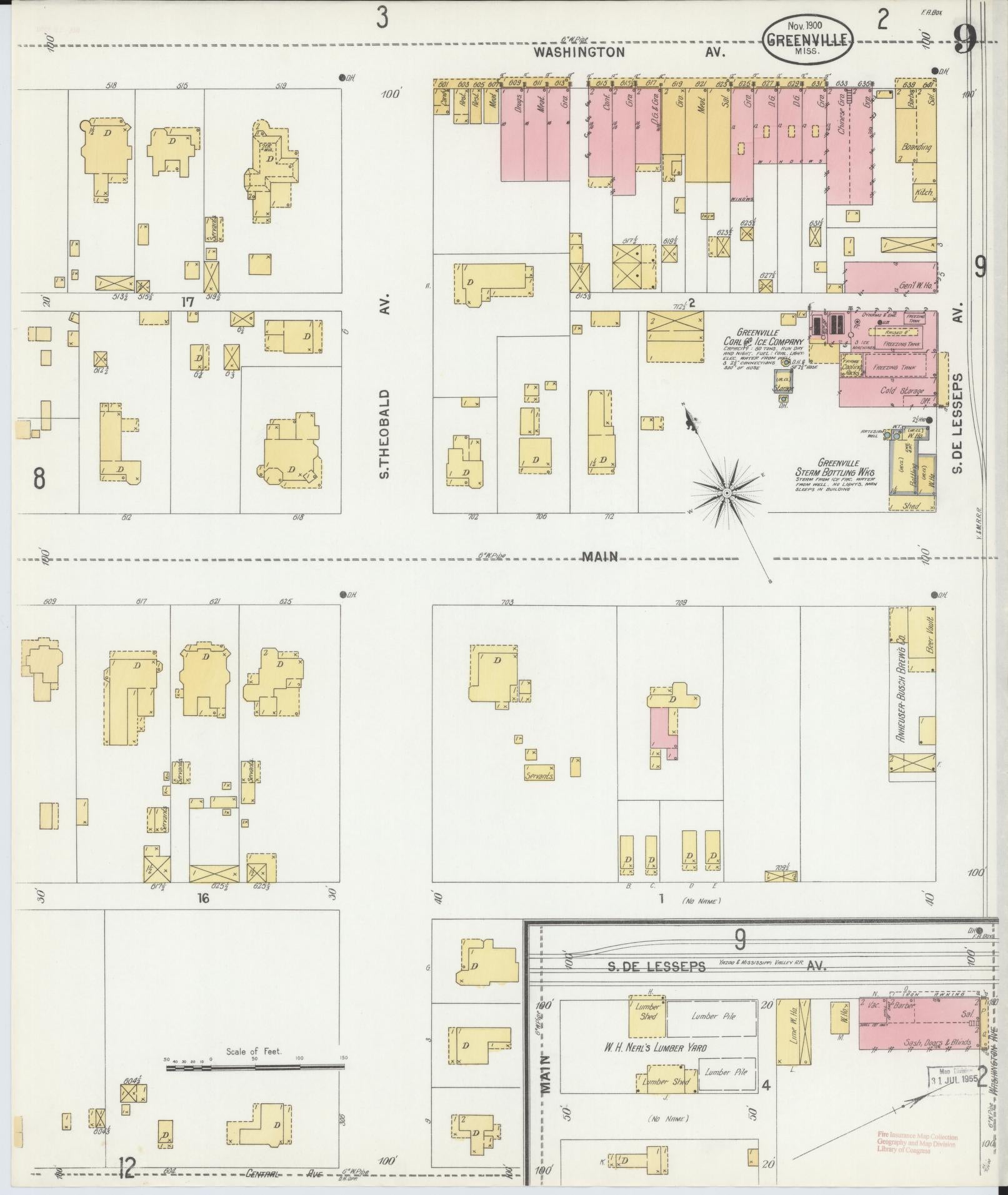 Sanborn Fire Insurance Map from Greenville, Washington County, Mississippi (1900), Sheet #0009 - Complete Map Set gallery image, historic Sanborn map, vintage wall art, Mississippi Mississippi