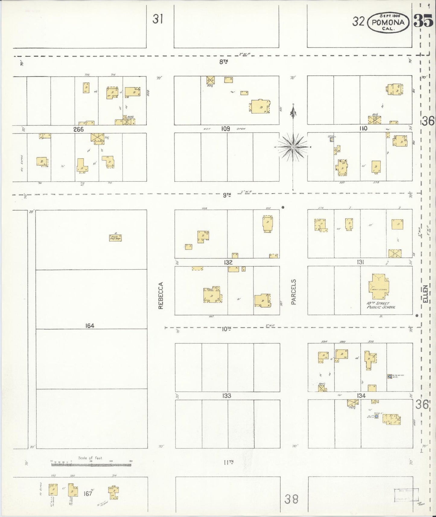 Sanborn Fire Insurance Map from Pomona, Los Angeles County, California (1906), Sheet #0035 - Complete Map Set gallery image, historic Sanborn map, vintage wall art, California California