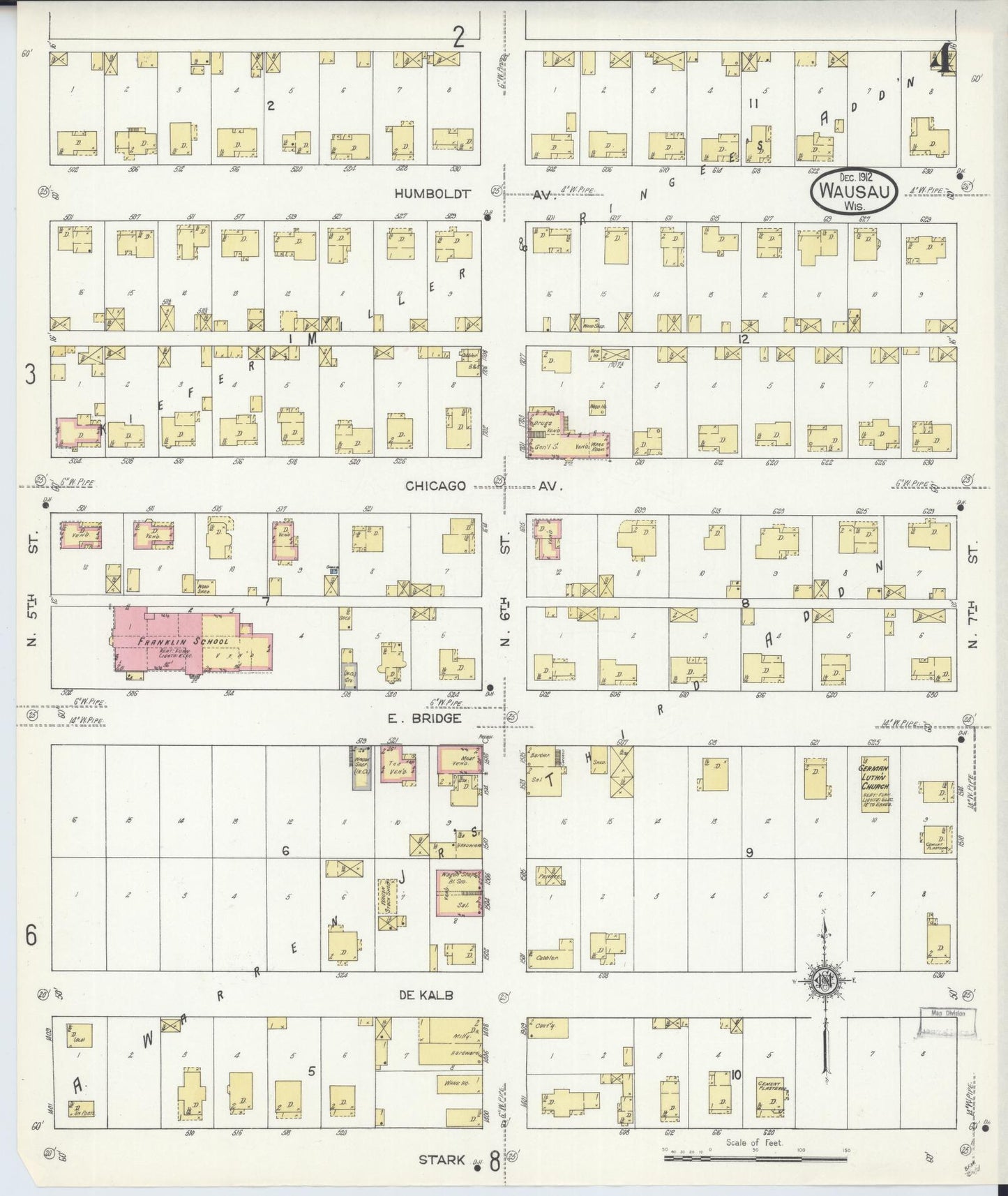 Sanborn Fire Insurance Map from Wausau, Marathon County, Wisconsin (1912), Sheet #0004 - Complete Map Set gallery image, historic Sanborn map, vintage wall art, Wisconsin Wisconsin
