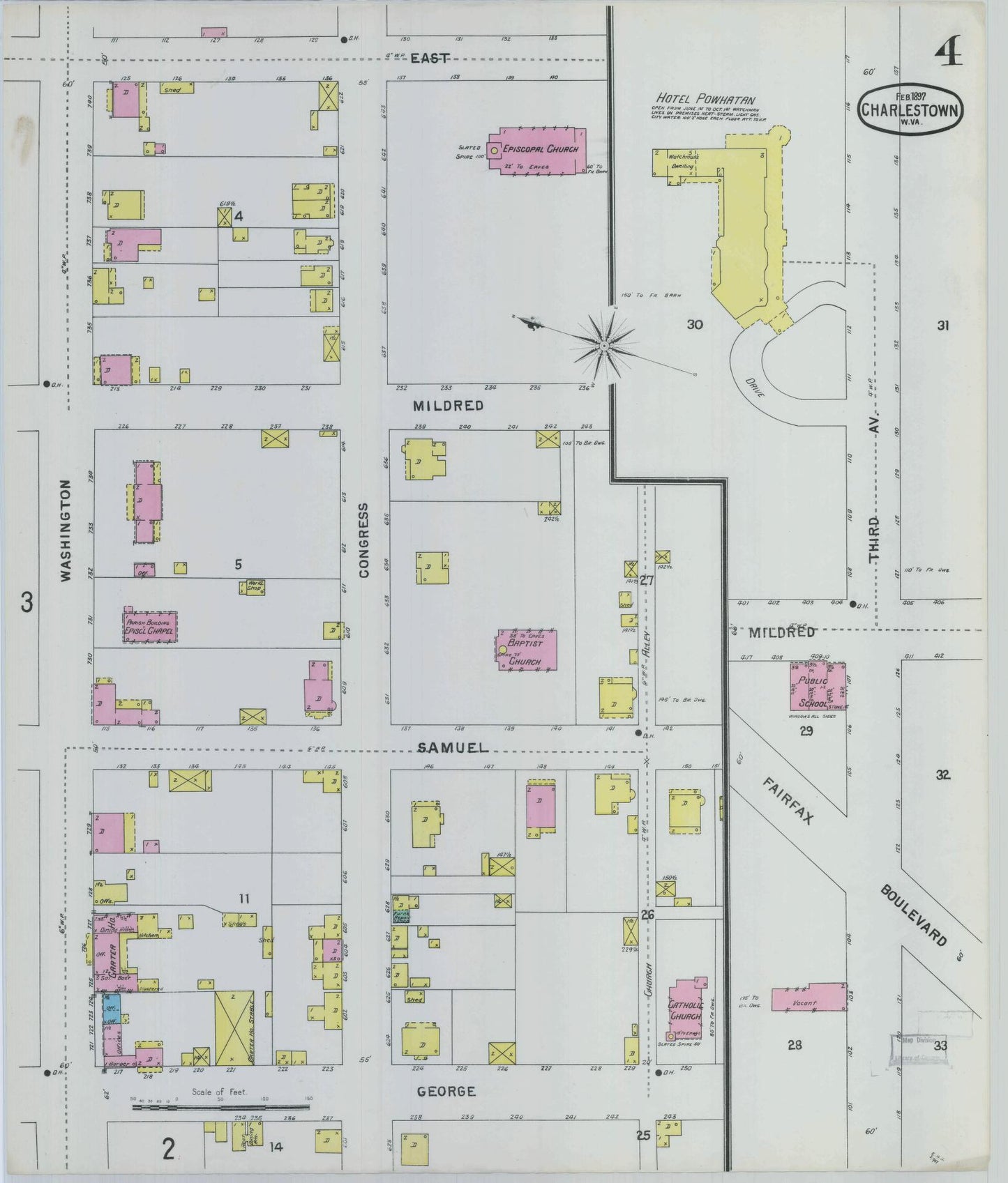 Sanborn Fire Insurance Map from Charles Town, Jefferson County, West Virginia (1897), Sheet #0004 - Historic Sanborn Fire Insurance Map Print, vintage old map wall art, antique decor, genealogy gift, West Virginia West Virginia map