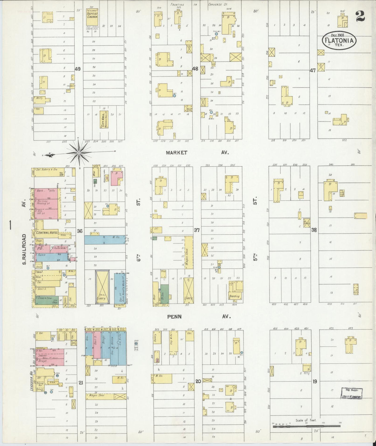 Sanborn Fire Insurance Map from Flatonia, Fayette County, Texas (1901), Sheet #0002 - Complete Map Set gallery image, historic Sanborn map, vintage wall art, Texas Texas