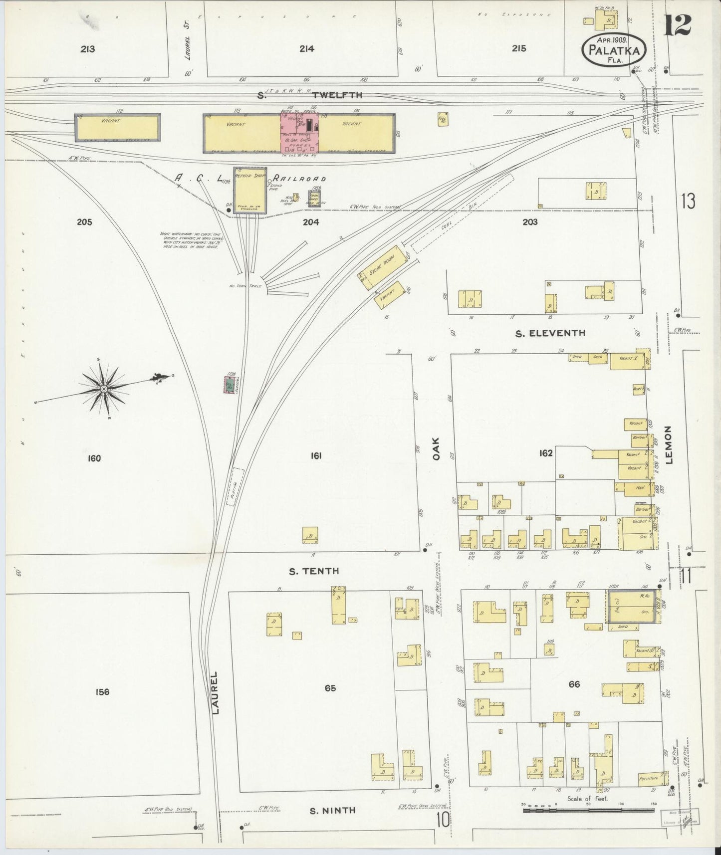 Sanborn Fire Insurance Map from Palatka, Putnam County, Florida (1909), Sheet #0012 - Complete Map Set gallery image, historic Sanborn map, vintage wall art, Florida Florida