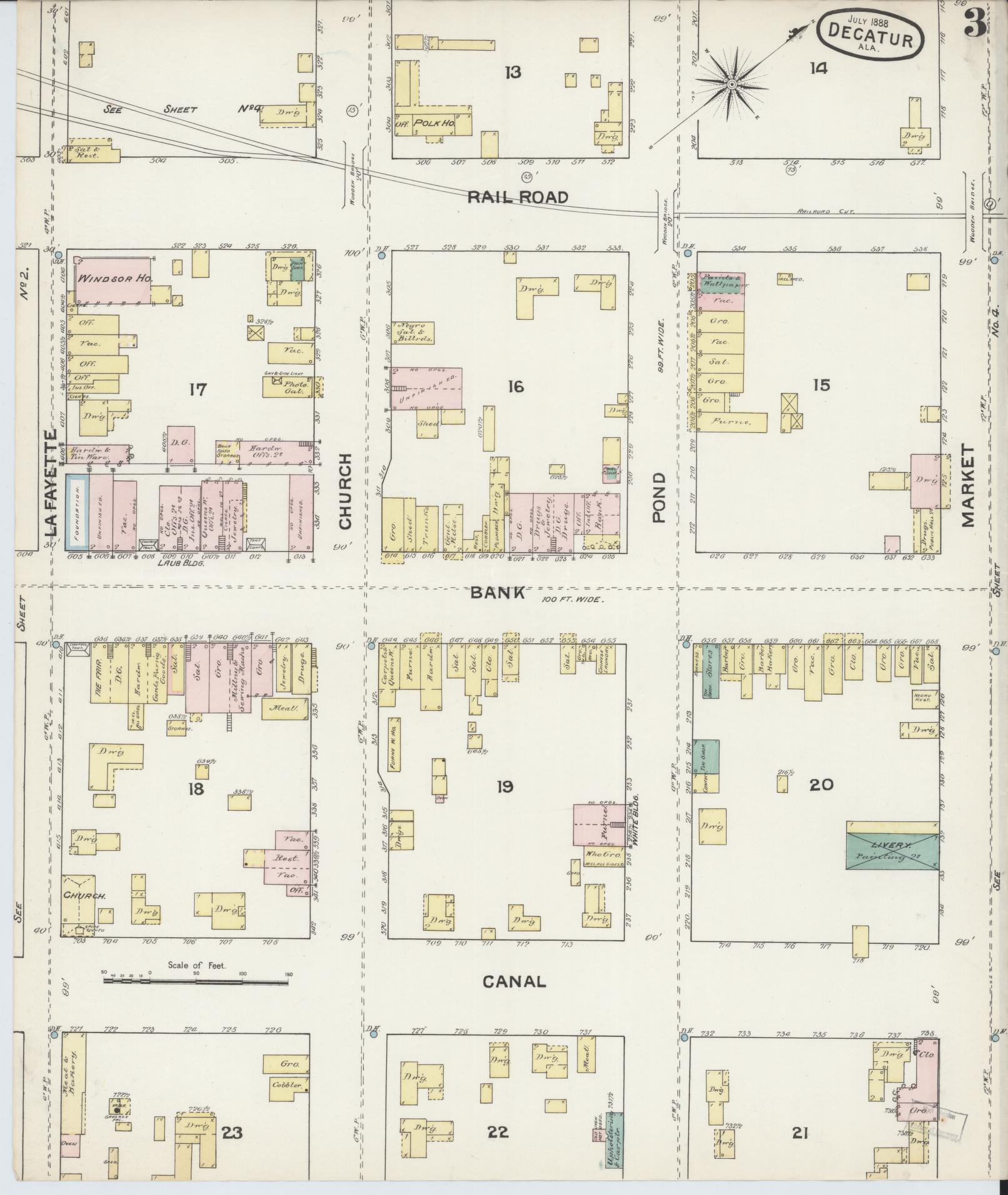 Sanborn Fire Insurance Map from Decatur, Morgan County, Alabama (1888), Sheet #0003 - Historic Sanborn Fire Insurance Map Print, vintage old map wall art, antique decor, genealogy gift, Alabama Alabama map