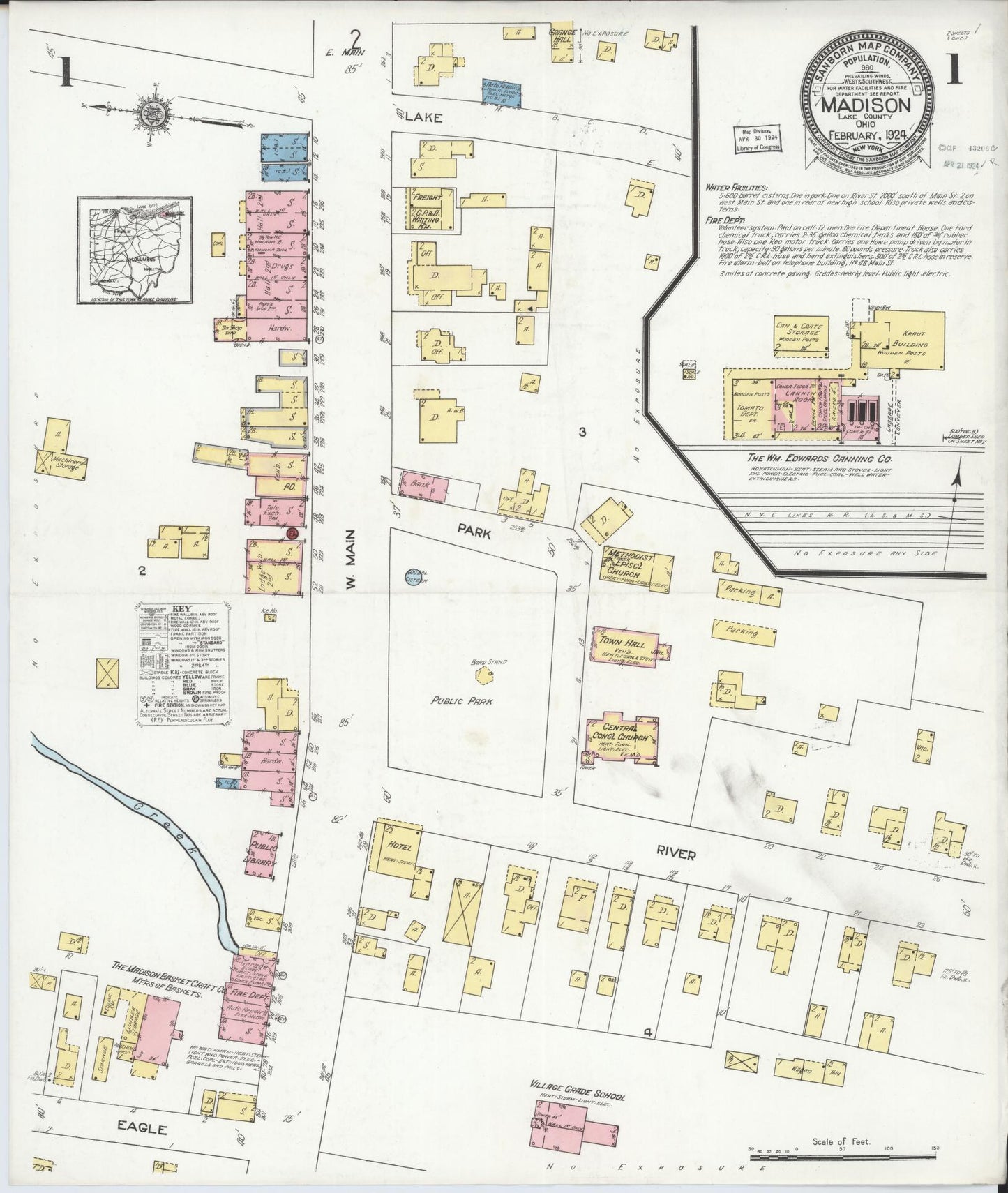 Sanborn Fire Insurance Map from Madison, Lake County, Ohio (1924), Sheet #0001 - Historic Sanborn Fire Insurance Map Print, vintage old map wall art, antique decor, genealogy gift, Ohio Ohio map