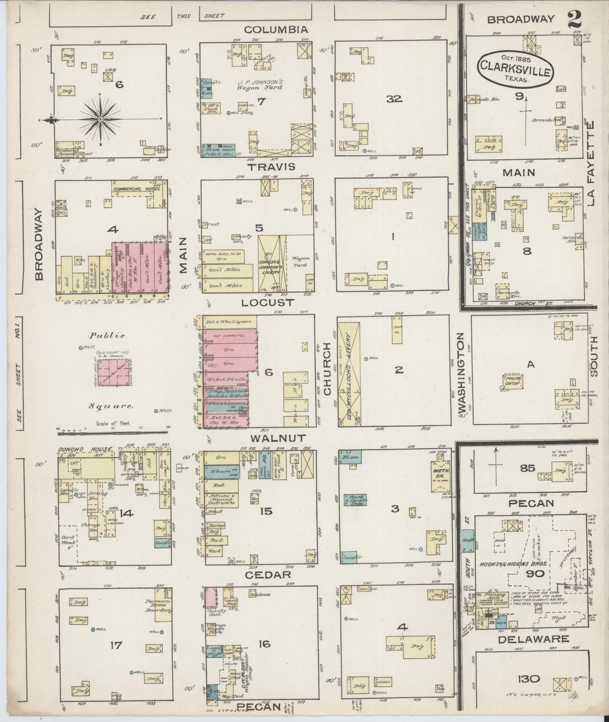Sanborn Fire Insurance Map from Clarksville, Red River County, Texas (1885), Sheet #0002 - Complete Map Set gallery image, historic Sanborn map, vintage wall art, Texas Texas
