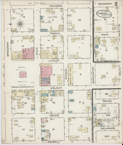 Sanborn Fire Insurance Map from Clarksville, Red River County, Texas (1885), Sheet #0002 - Complete Map Set gallery image, historic Sanborn map, vintage wall art, Texas Texas