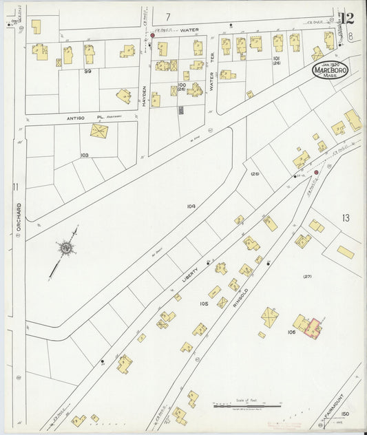 Sanborn Fire Insurance Map from Marlborough, Middlesex County, Massachusetts (1920), Sheet #0012 - Historic Sanborn Fire Insurance Map Print, vintage old map wall art, antique decor, genealogy gift, Massachusetts Massachusetts map