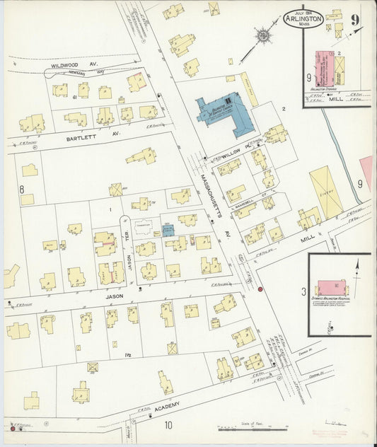Sanborn Fire Insurance Map from Arlington, Middlesex County, Massachusetts (1914), Sheet #0009 - Historic Sanborn Fire Insurance Map Print, vintage old map wall art, antique decor, genealogy gift, Massachusetts Massachusetts map
