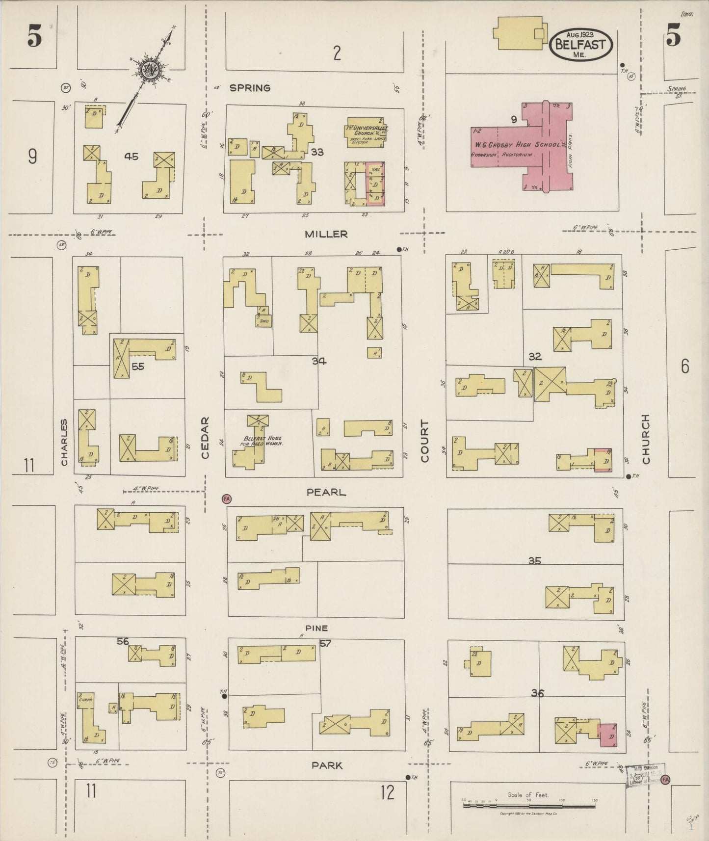 Sanborn Fire Insurance Map from Belfast, Waldo County, Maine (1923), Sheet #0005 - Historic Sanborn Fire Insurance Map Print, vintage old map wall art, antique decor, genealogy gift, Maine Maine map
