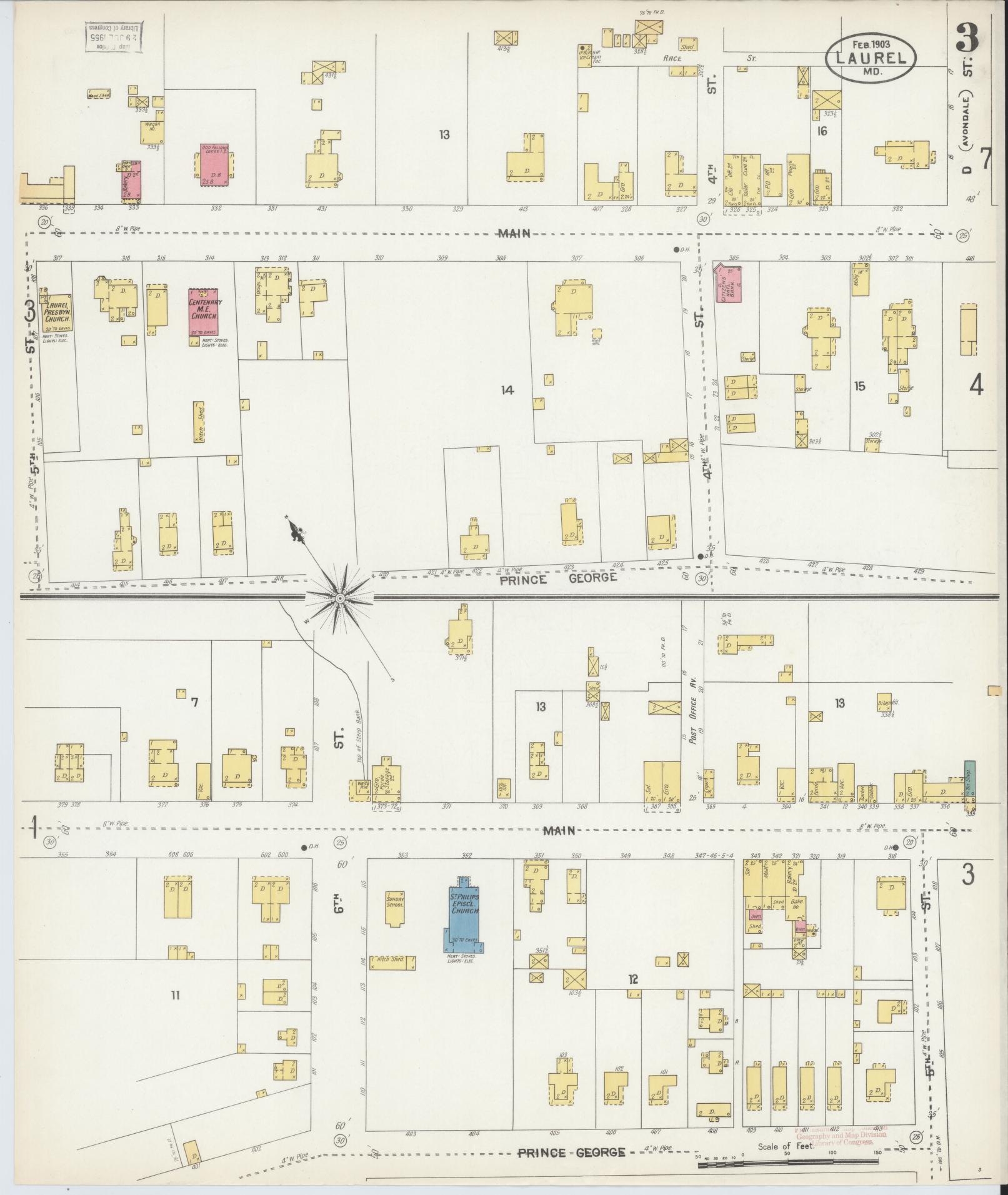 Sanborn Fire Insurance Map from Laurel, Prince Georges County, Maryland (1903), Sheet #0003 - Historic Sanborn Fire Insurance Map Print, vintage old map wall art