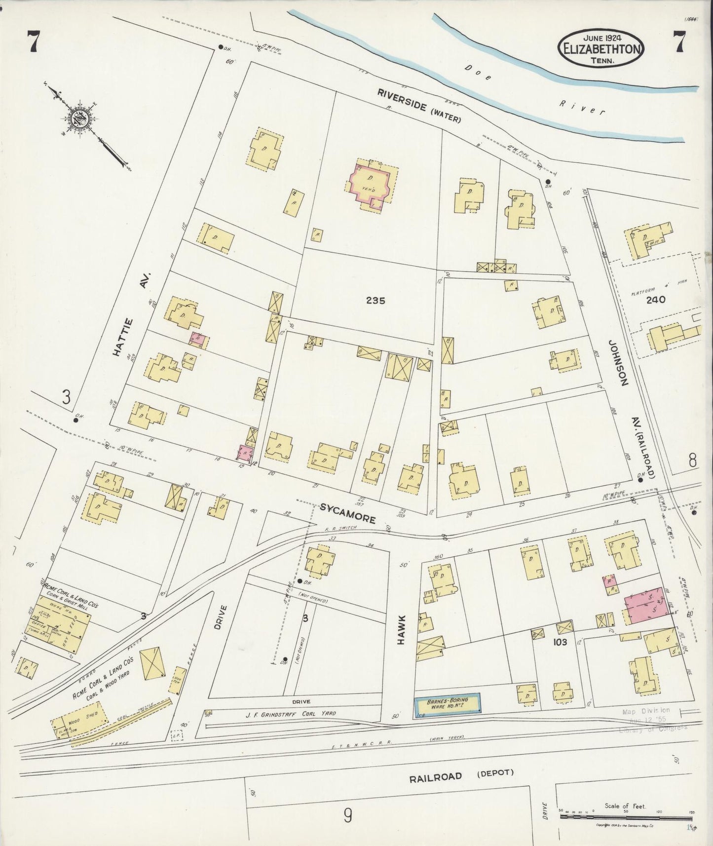 Sanborn Fire Insurance Map from Elizabethton, Carter County, Tennessee (1924), Sheet #0007 - Historic Sanborn Fire Insurance Map Print, vintage old map wall art, antique decor, genealogy gift, Tennessee Tennessee map