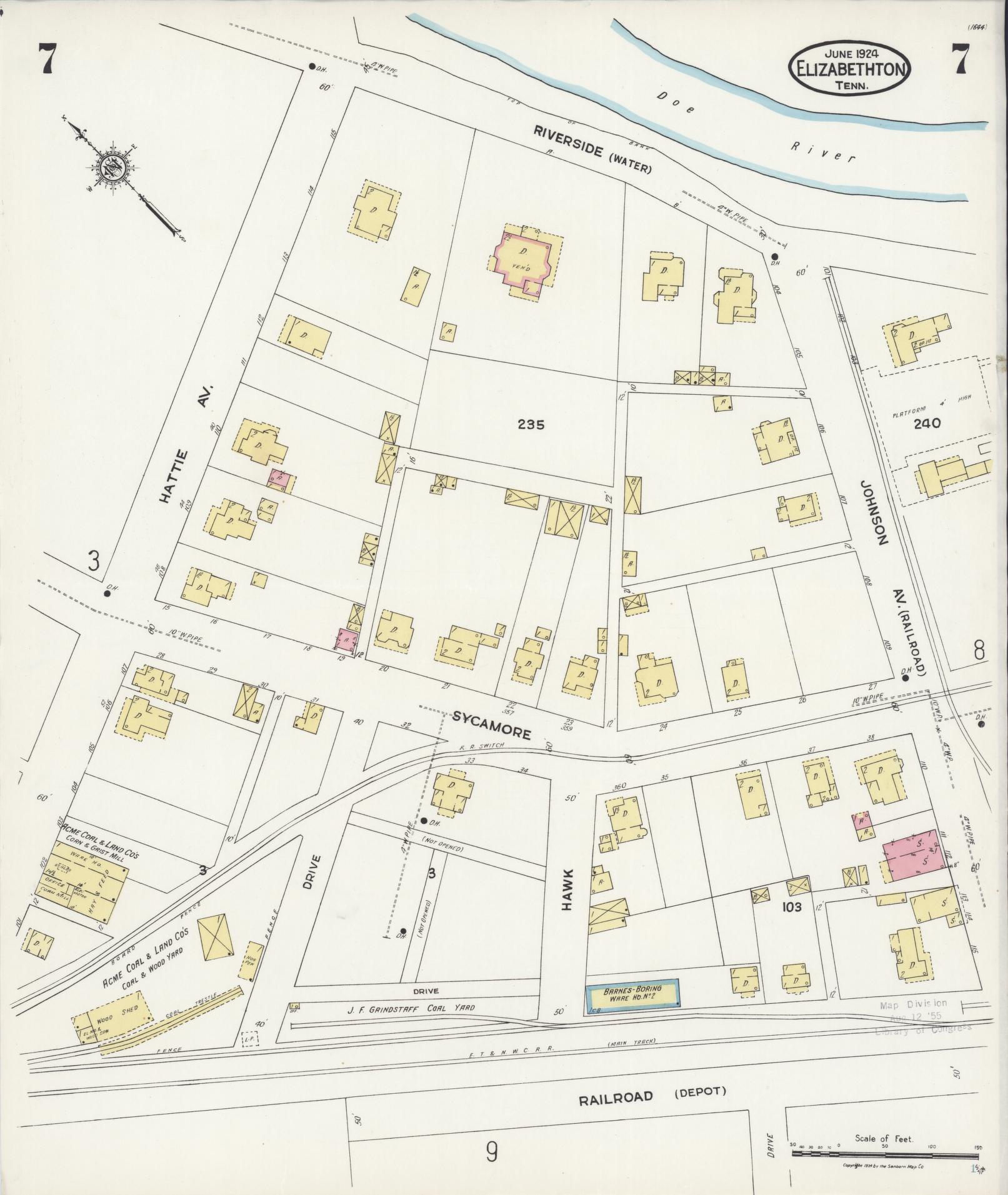 Sanborn Fire Insurance Map from Elizabethton, Carter County, Tennessee (1924), Sheet #0007 - Historic Sanborn Fire Insurance Map Print, vintage old map wall art, antique decor, genealogy gift, Tennessee Tennessee map