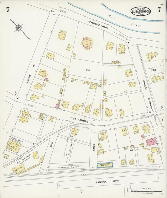 Sanborn Fire Insurance Map from Elizabethton, Carter County, Tennessee (1924), Sheet #0007 - Historic Sanborn Fire Insurance Map Print, vintage old map wall art, antique decor, genealogy gift, Tennessee Tennessee map