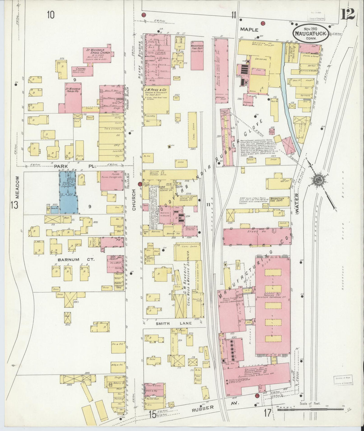 Sanborn Fire Insurance Map from Naugatuck, New Haven County, Connecticut (1910), Sheet #0012 - Historic Sanborn Fire Insurance Map Print, vintage old map wall art, antique decor, genealogy gift, Connecticut Connecticut map