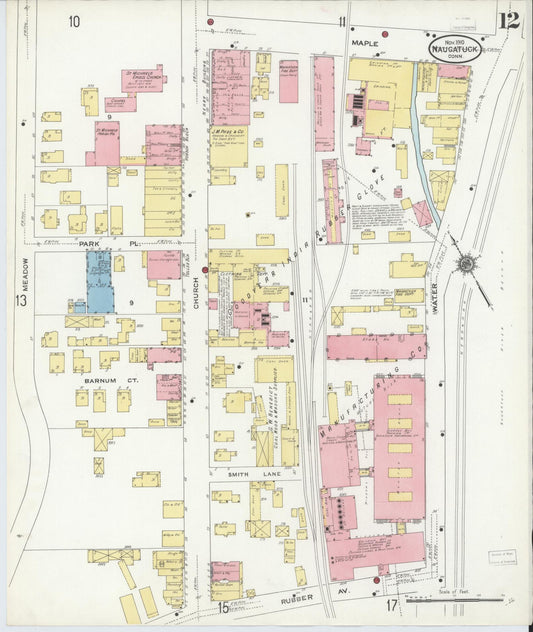 Sanborn Fire Insurance Map from Naugatuck, New Haven County, Connecticut (1910), Sheet #0012 - Historic Sanborn Fire Insurance Map Print, vintage old map wall art, antique decor, genealogy gift, Connecticut Connecticut map