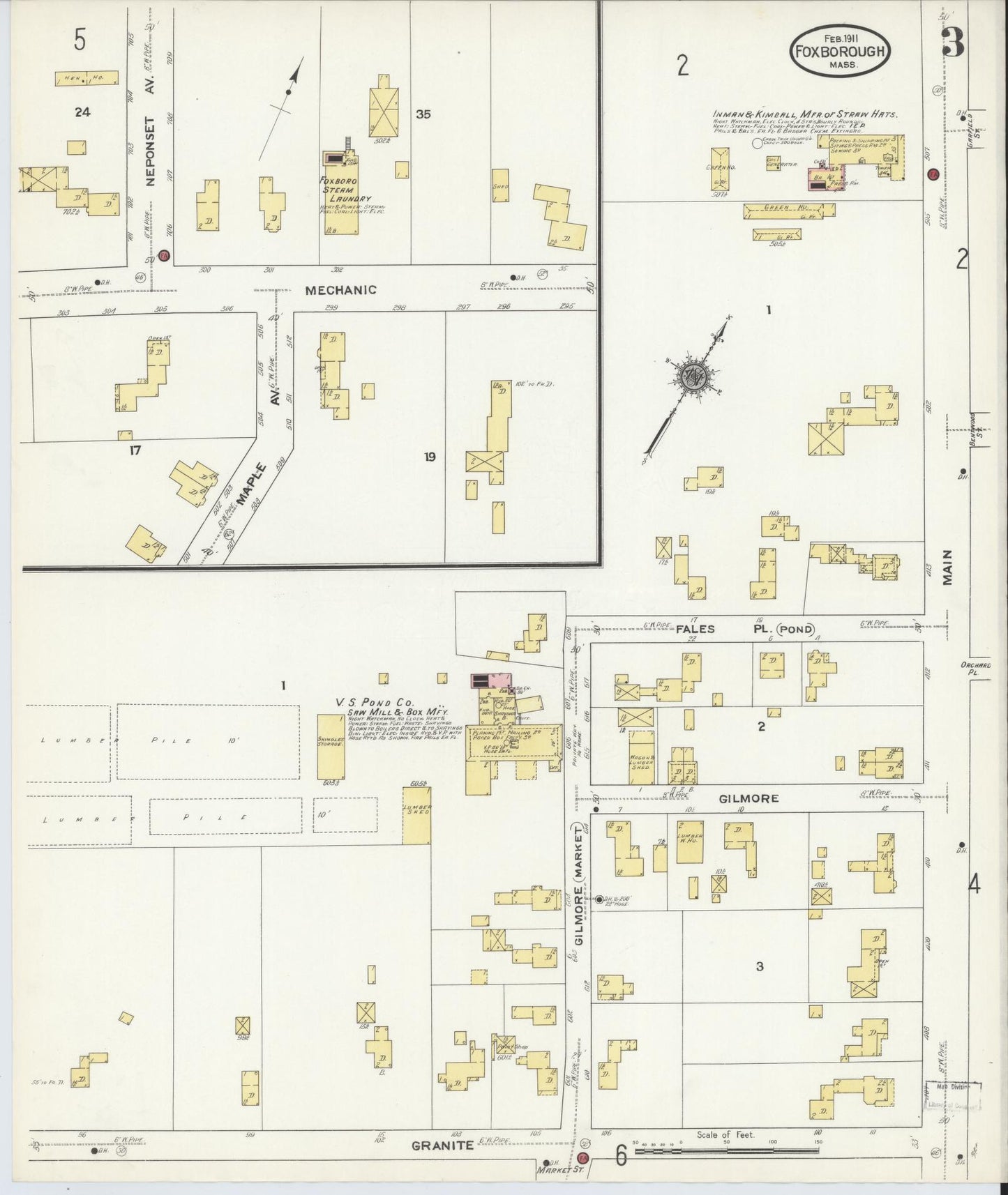 Sanborn Fire Insurance Map from Foxboro, Norfolk County, Massachusetts (1911), Sheet #0003 - Complete Map Set gallery image, historic Sanborn map, vintage wall art, Massachusetts Massachusetts