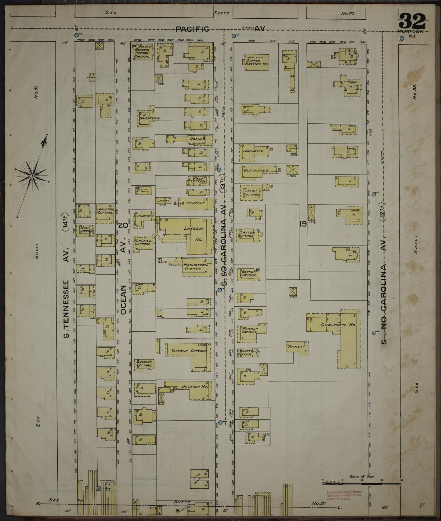 Sanborn Fire Insurance Map from Atlantic City, Atlantic County, New Jersey (1886), Sheet #0032 - Historic Sanborn Fire Insurance Map Print, vintage old map wall art, antique decor, genealogy gift, New Jersey New Jersey map