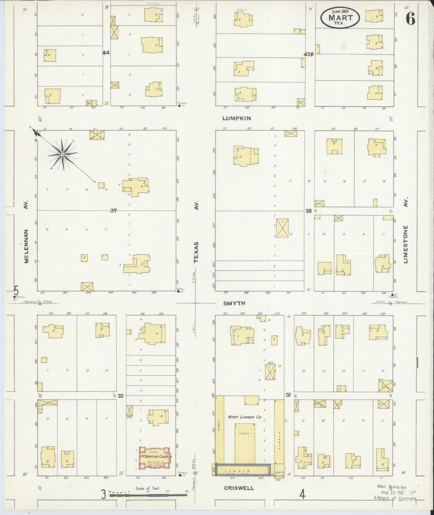 Sanborn Fire Insurance Map from Mart, McLennan County, Texas (1909), Sheet #0006 - Historic Sanborn Fire Insurance Map Print, vintage old map wall art, antique decor, genealogy gift, Texas Texas map