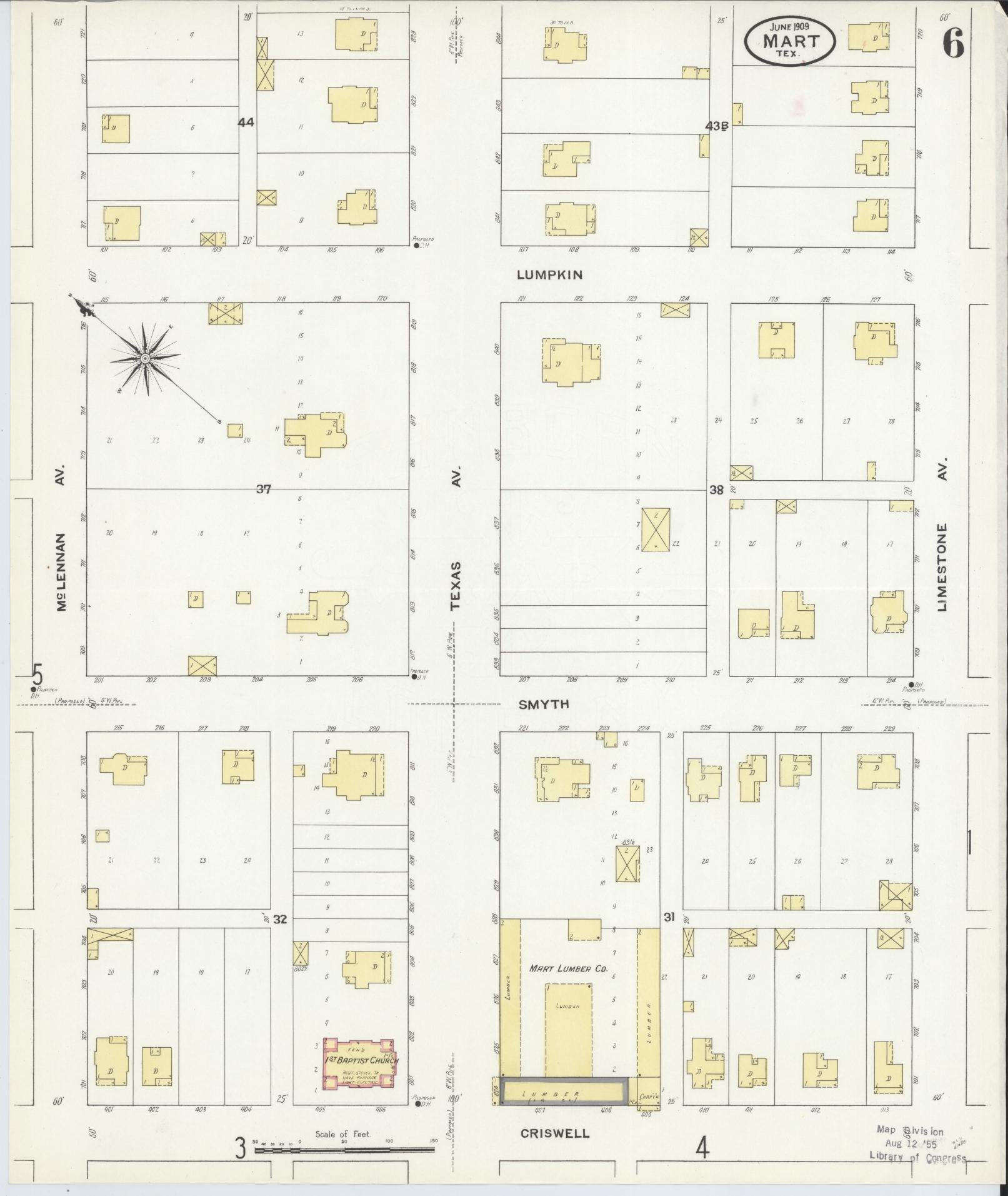 Sanborn Fire Insurance Map from Mart, McLennan County, Texas (1909), Sheet #0006 - Historic Sanborn Fire Insurance Map Print, vintage old map wall art, antique decor, genealogy gift, Texas Texas map