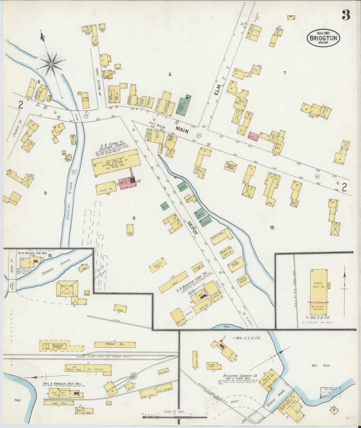 Sanborn Fire Insurance Map from Bridgton, Cumberland County, Maine (1901), Sheet #0003 - Historic Sanborn Fire Insurance Map Print, vintage old map wall art, antique decor, genealogy gift, Maine Maine map