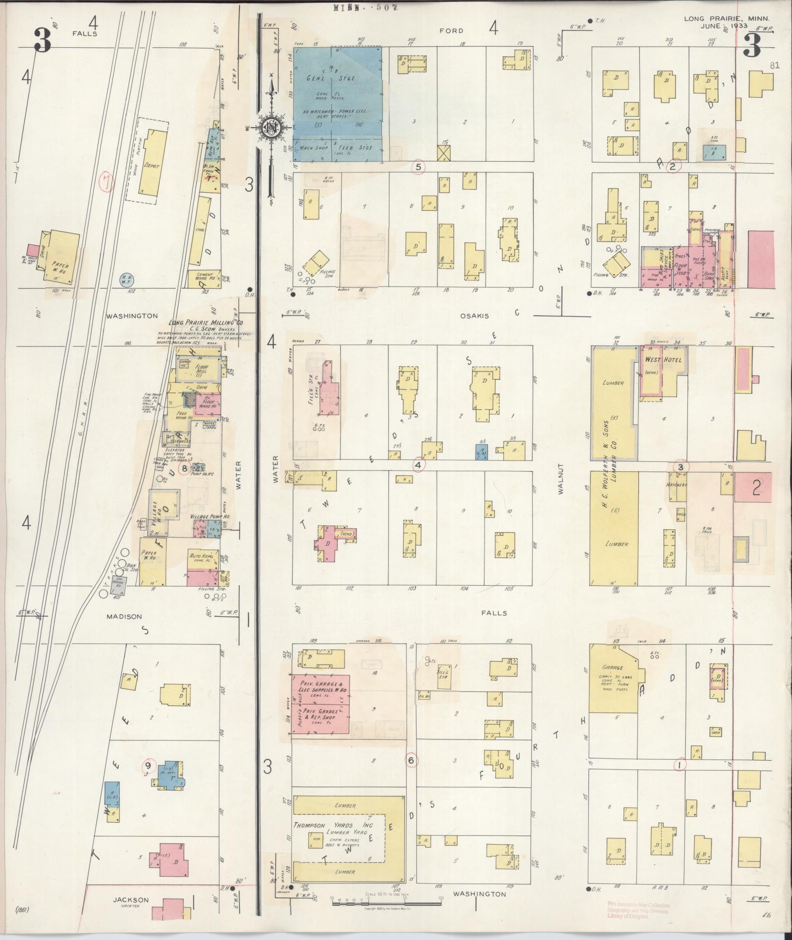 Sanborn Fire Insurance Map from Long Prairie, Todd County, Minnesota (1945), Sheet #0003 - Historic Sanborn Fire Insurance Map Print, vintage old map wall art, antique decor, genealogy gift, Minnesota Minnesota map