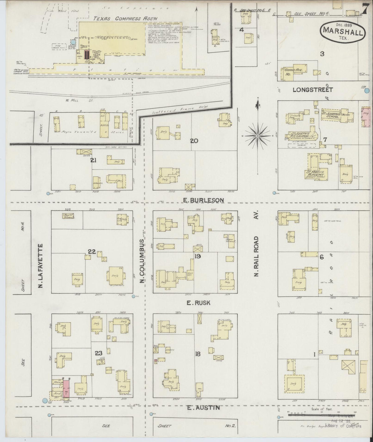 Sanborn Fire Insurance Map from Marshall, Harrison County, Texas (1889), Sheet #0007 - Historic Sanborn Fire Insurance Map Print, vintage old map wall art, antique decor, genealogy gift, Texas Texas map