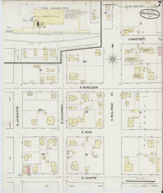 Sanborn Fire Insurance Map from Marshall, Harrison County, Texas (1889), Sheet #0007 - Historic Sanborn Fire Insurance Map Print, vintage old map wall art, antique decor, genealogy gift, Texas Texas map