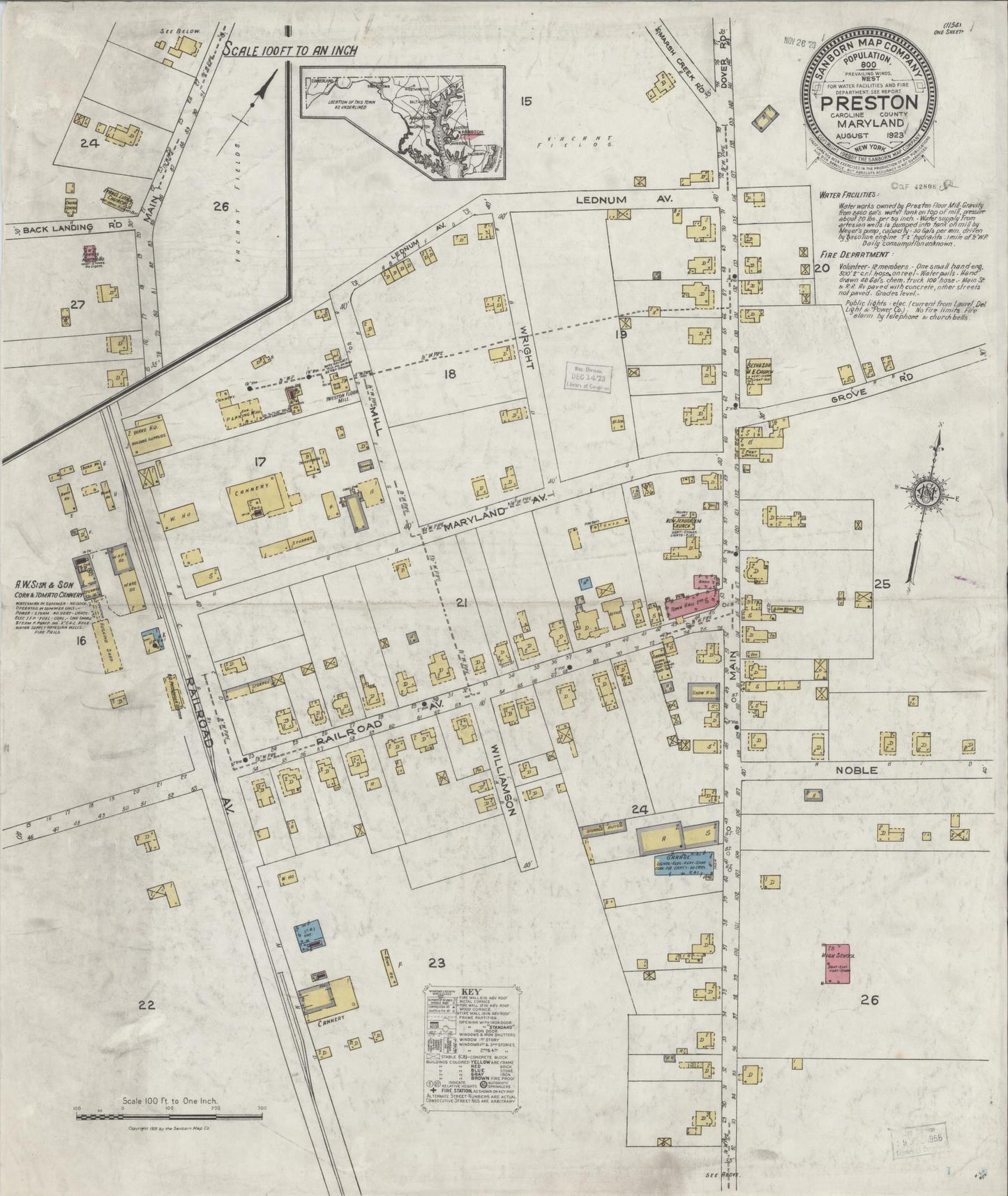 Sanborn Fire Insurance Map from Preston, Caroline County, Maryland (1923), Sheet #0001 - Historic Sanborn Fire Insurance Map Print, vintage old map wall art, antique decor, genealogy gift, Maryland Maryland map