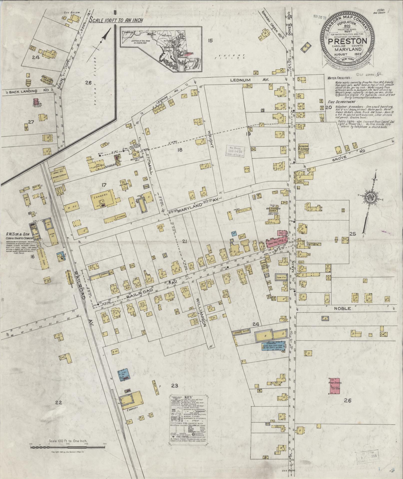 Sanborn Fire Insurance Map from Preston, Caroline County, Maryland (1923), Sheet #0001 - Historic Sanborn Fire Insurance Map Print, vintage old map wall art, antique decor, genealogy gift, Maryland Maryland map